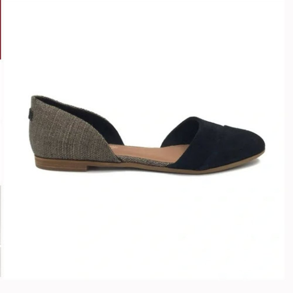TOMS Jutti D’ Orsay Black Suede Toe Metallic Chambray Heel Woven Flats Size 6.5